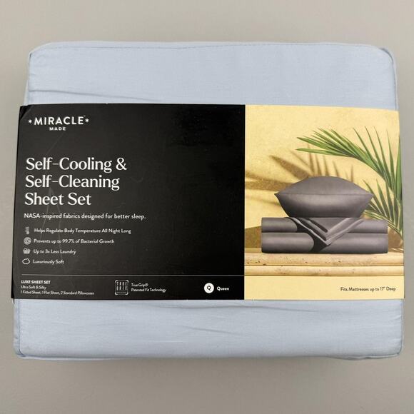 Miracle Made Self Cooling Self Cleaning Sheet Set Queen Luxe Sateen Blue - Picture 1 of 6